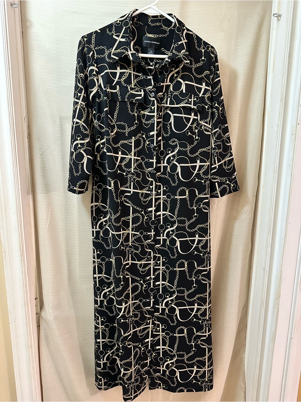 Donna Morgan Maxi Shirt Dress Black Gold Chain Print Equestrian Size 12
